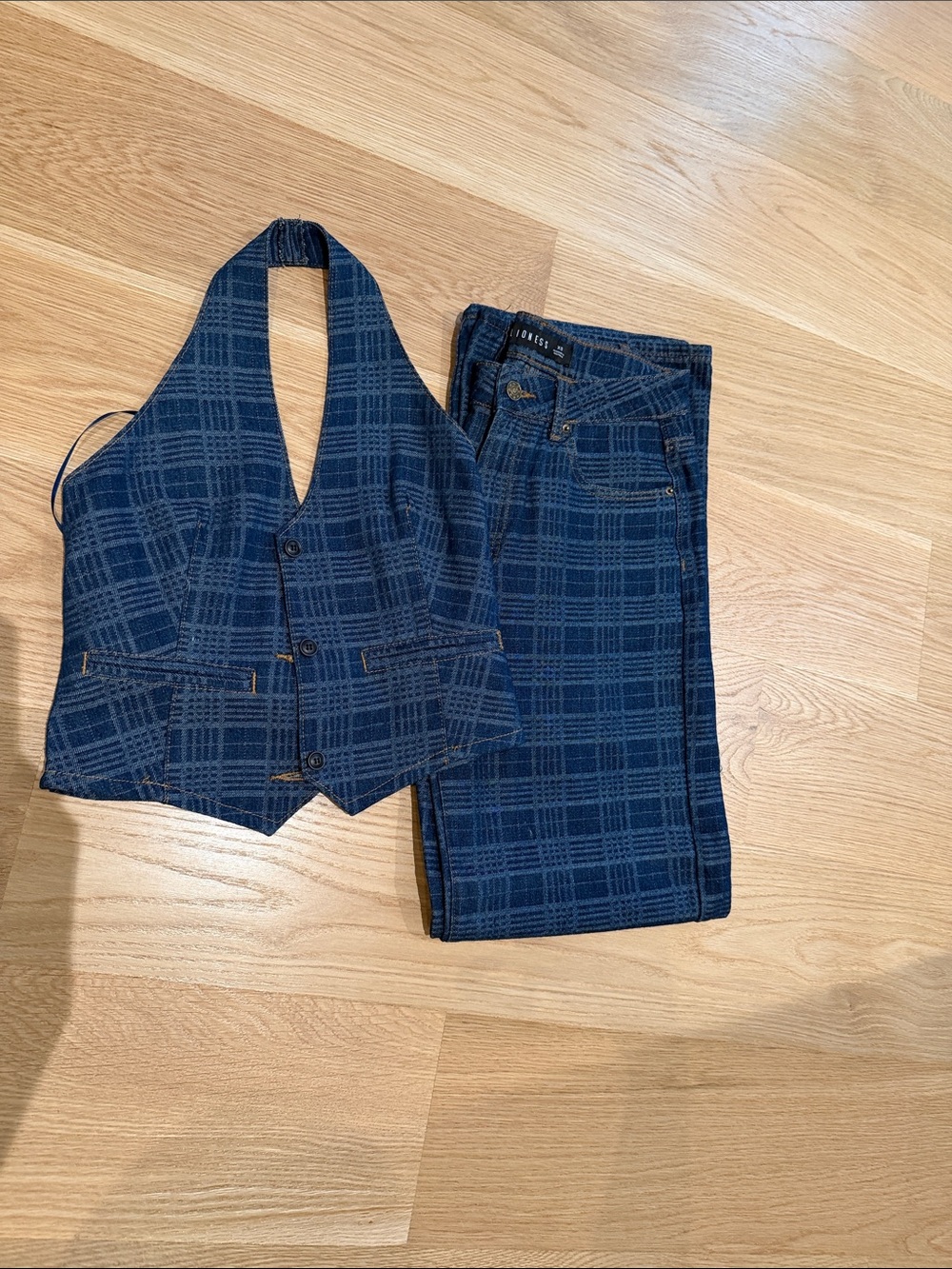 Lioness Navy Plaid Vest with Dark Lining and lioness plaid jeans, Sold as a set